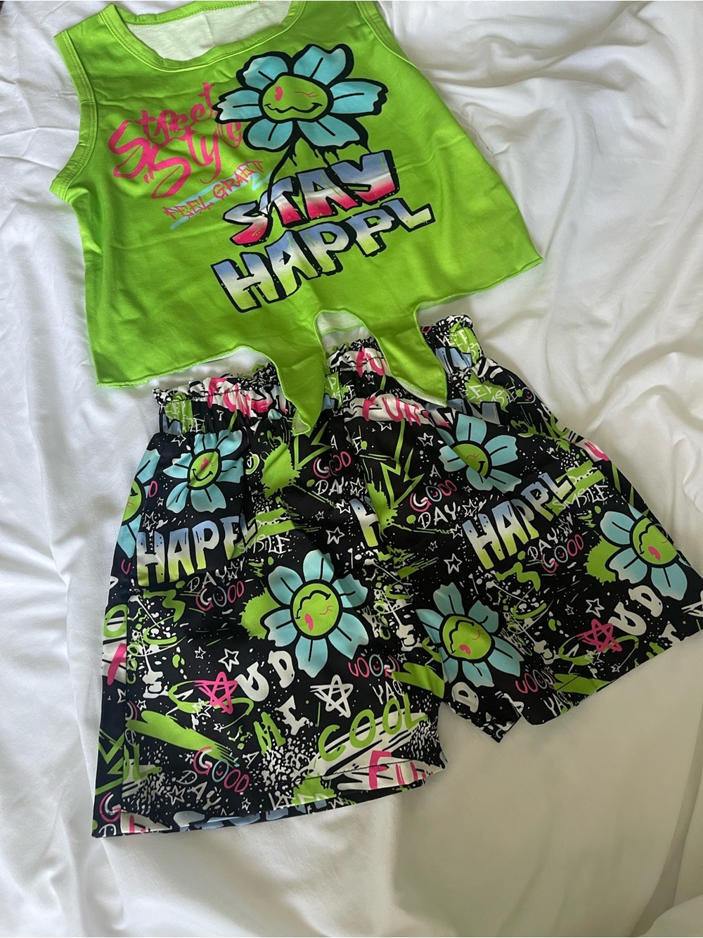 Girls Neon Green "Stay Happy" Flower Tank & Shorts Set